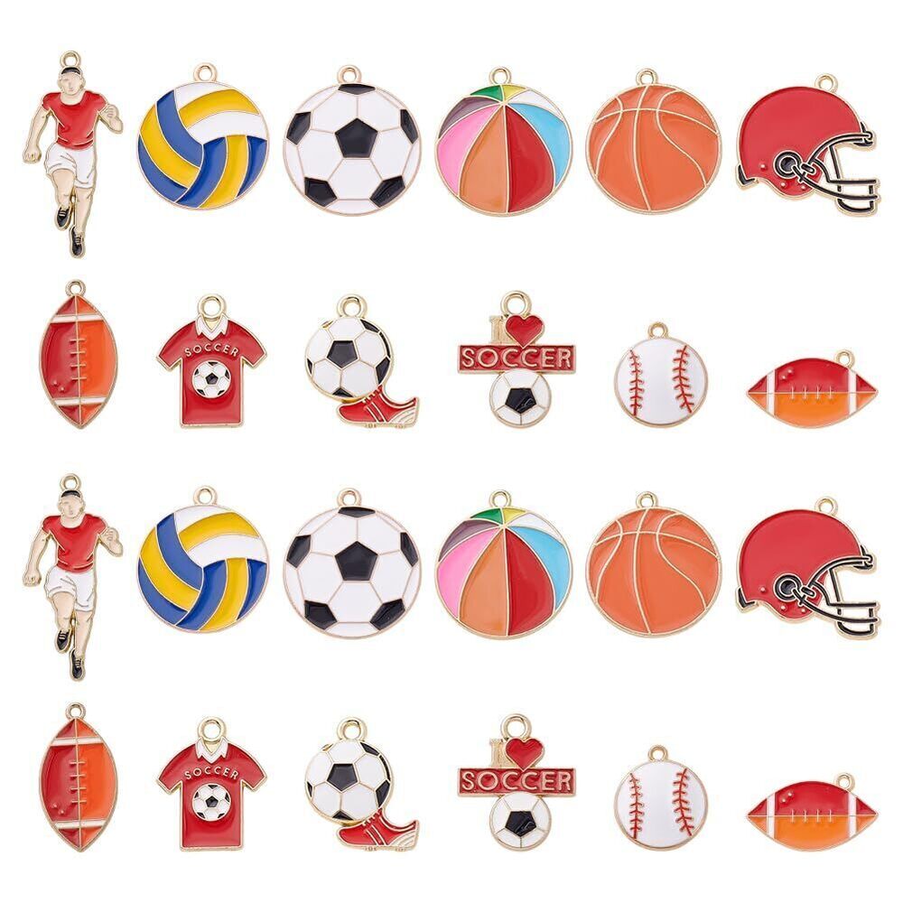 2663 24Pcs 12 Styles Bulk Gold Enamel Charms Metal Baseball Football